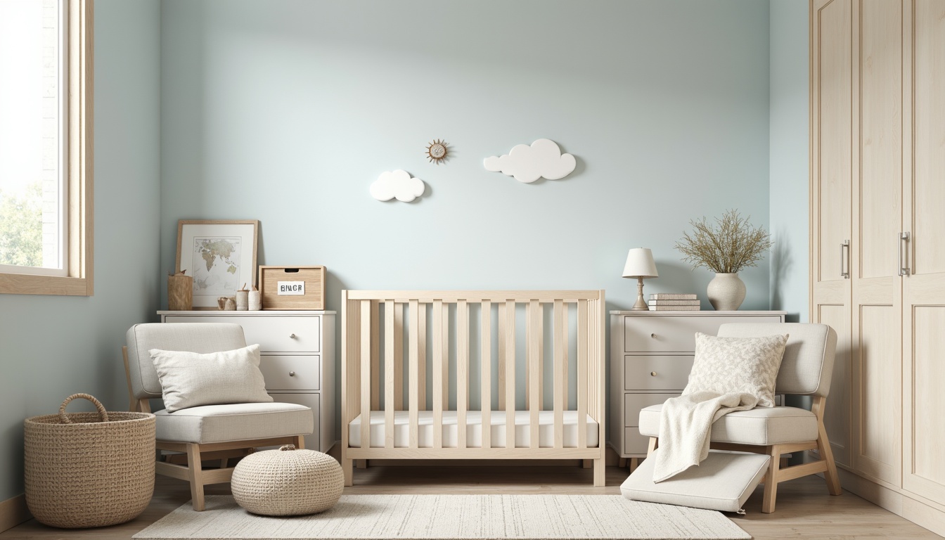 Prompt: Soft baby blue walls, creamy white accents, warm beige furniture, gentle natural light, serene atmosphere, cozy nursery design, delicate patterns, subtle textures, calming color scheme, soothing ambiance, peaceful environment, softbox lighting, 1/2 composition, intimate setting, warm wood tones, plush carpets, sweet decorative elements.