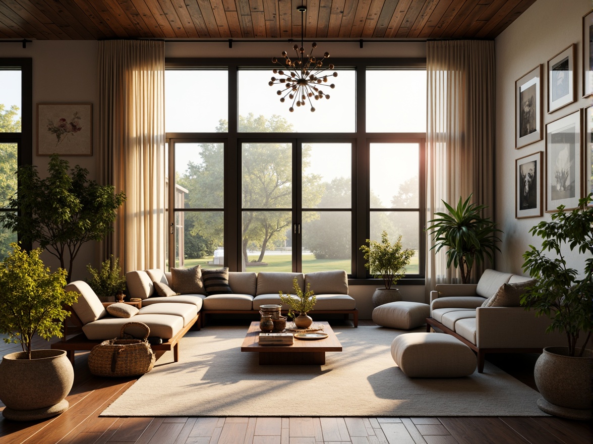 Prompt: Cozy living room, large windows, soft warm lighting, sheer curtains, minimalist decor, natural stone walls, reclaimed wood floors, lush greenery, blooming flowers, modern chandelier, sleek lines, ambient occlusion, shallow depth of field, 3/4 composition, panoramic view, realistic textures.