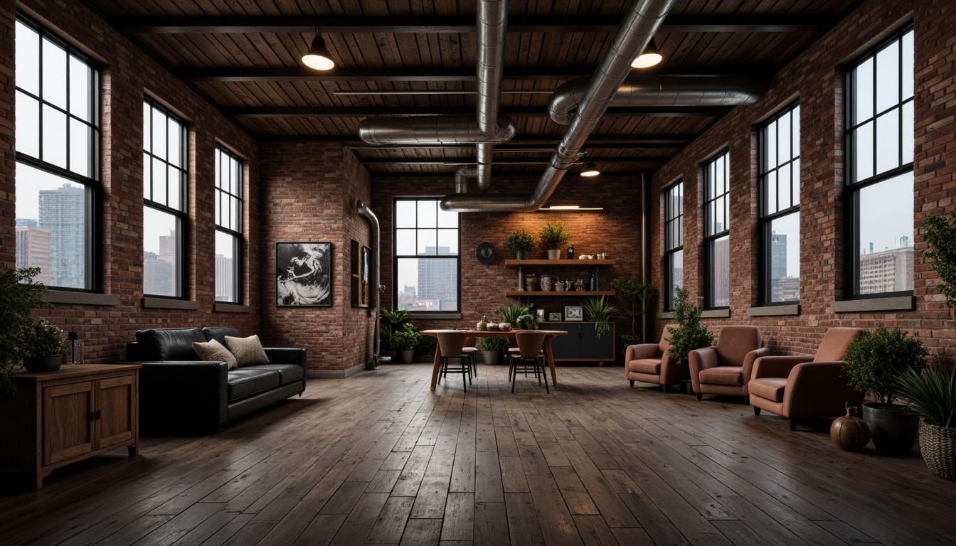 Prompt: Rustic industrial building, galvanized steel fa\u00e7ade, fire brick walls, distressed metal accents, vintage factory atmosphere, exposed ductwork, reclaimed wood flooring, Edison bulb lighting, urban cityscape background, moody overcast sky, dramatic shadows, high contrast lighting, 1/1 composition, realistic textures, ambient occlusion.