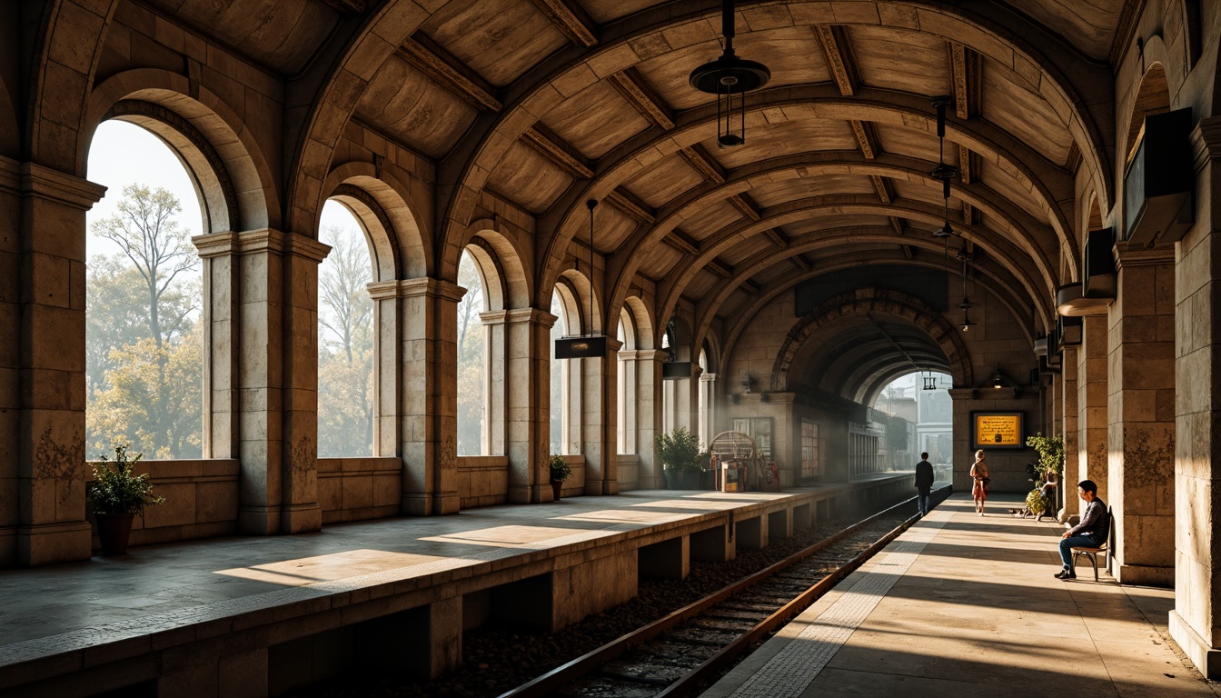 Prompt: Rustic metro station, arched ceilings, grand stone columns, ornate carvings, Gothic-inspired details, rough-hewn masonry, earthy tones, warm lighting, atmospheric ambiance, underground tunnels, vintage signage, industrial textures, distressed finishes, robust architecture, brutalist elements, urban infrastructure, metropolitan vibe, morning commute, soft natural light, 1/1 composition, shallow depth of field, realistic materials, ambient occlusion.