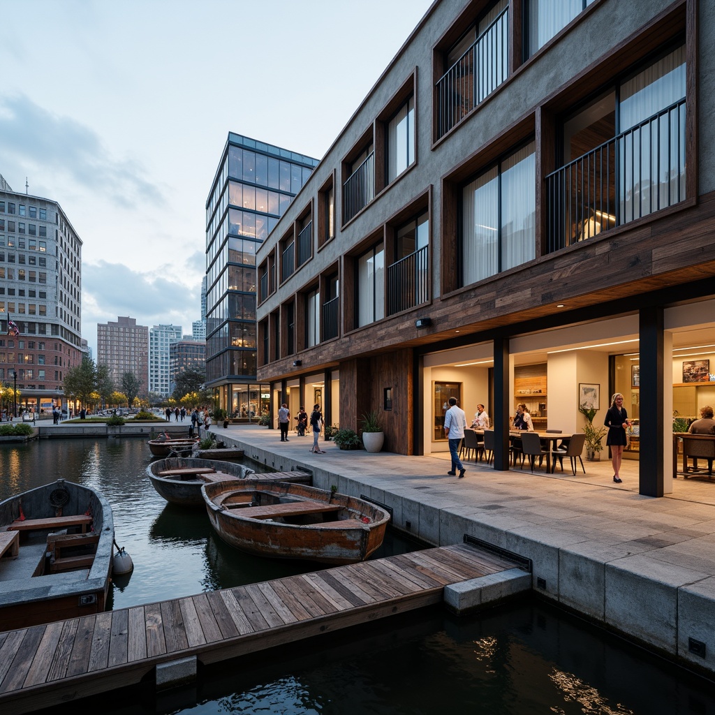 Prompt: Industrial waterfront, rustic wooden docks, weathered steel boats, urban skylines, concrete foundations, modern minimalist architecture, large glass windows, sliding doors, sleek metal railings, reclaimed wood accents, exposed brick walls, distressed wood textures, moody gray-blue color scheme, warm golden lighting, shallow depth of field, 1/1 composition, realistic reflections, ambient occlusion.