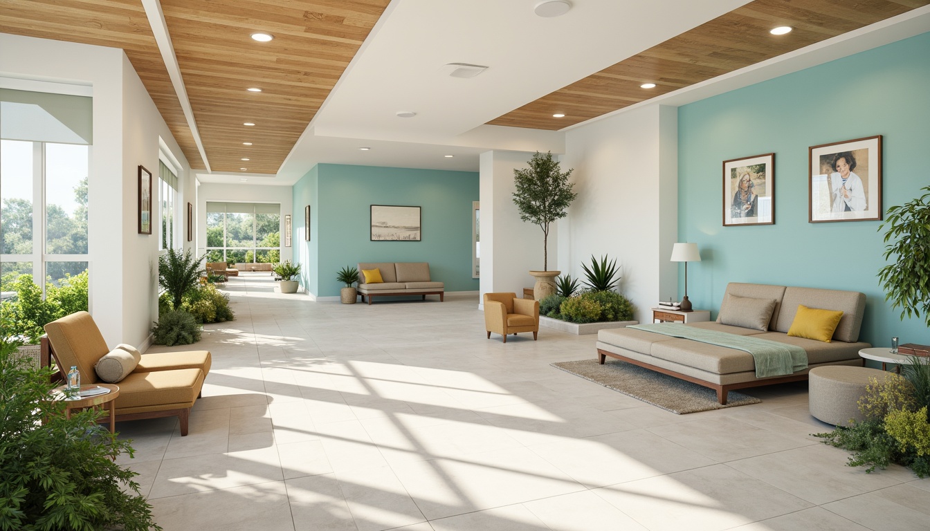 Prompt: Calming healthcare facility, soothing color scheme, gentle pastel hues, creamy whites, soft blues, pale greens, natural wood tones, warm beige accents, comforting earthy shades, serene atmosphere, peaceful ambiance, calming lighting effects, subtle texture variations, organic forms, rounded edges, harmonious composition, 1/2 depth of field, realistic rendering, ambient occlusion.