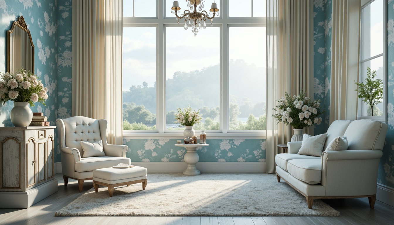 Prompt: Soft powder blue hues, calming atmosphere, serene ambiance, gentle clouds, wispy fog, misty morning light, subtle shadows, delicate petals, porcelain vases, antique furniture, distressed wood textures, vintage decor, ornate metalwork, romantic chandeliers, elegant drapery, creamy whites, beige accents, natural fabrics, organic patterns, whimsical illustrations, dreamy lighting, shallow depth of field, 1/2 composition, intimate portrait view.