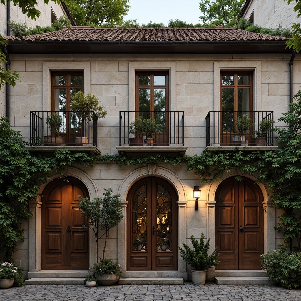 Prompt: Rustic stone facade, ornate balconies, grandiose archways, intricately carved wooden doors, stained glass windows, curved lines, asymmetrical compositions, soft warm lighting, lush greenery, flowering vines, aged brick walls, moss-covered roofs, romantic-era inspired motifs, whimsical details, muted earthy colors, subtle texture variations, ornate ironwork, decorative stonework, historic preservation, nostalgic ambiance, 1/1 composition, dramatic chiaroscuro, cinematic lighting.