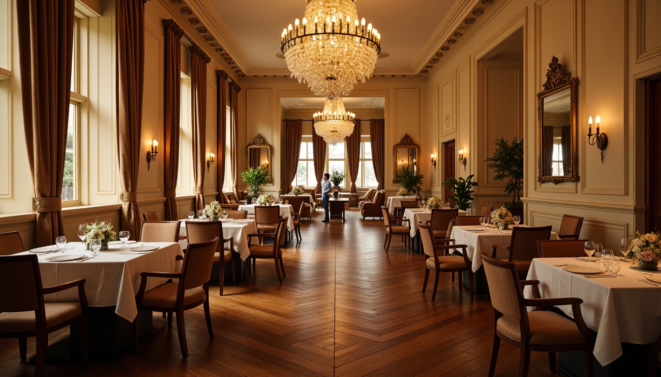 Prompt: Elegant dining hall, luxurious chandelier, rich wood flooring, cream-colored walls, ornate mirrors, velvet drapes, refined furniture, crystal glassware, lace tablecloths, soft warm lighting, intimate atmosphere, 1/1 composition, shallow depth of field, realistic textures, ambient occlusion.