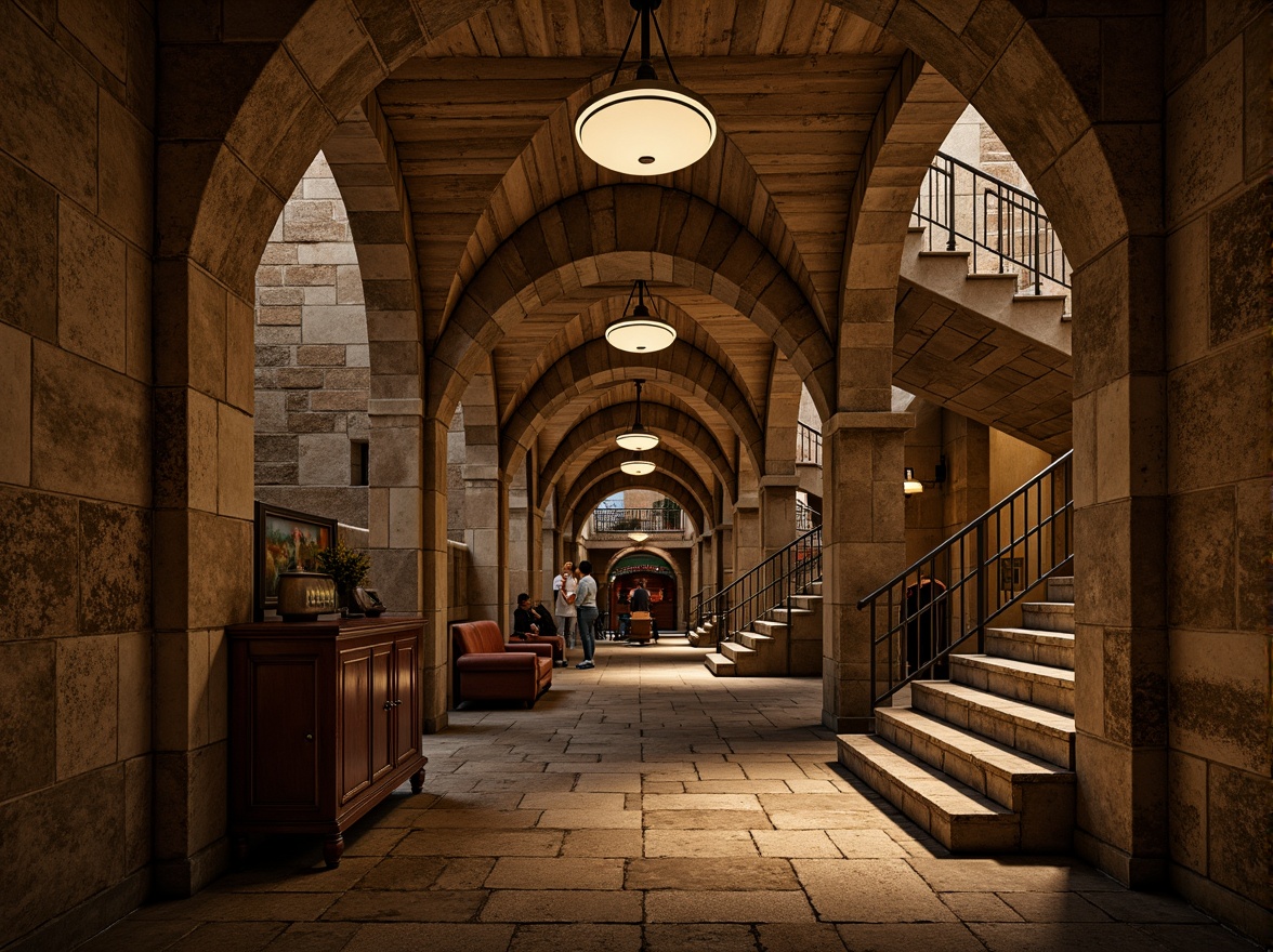 Prompt: Rustic underground metro station, Romanesque arches, sturdy masonry walls, vaulted ceilings, ornate columns, grand staircases, intricate stone carvings, warm earthy tones, rough-hewn granite surfaces, dimly lit atmospheric lighting, shallow depth of field, 1/1 composition, symmetrical framing, realistic textures, ambient occlusion.