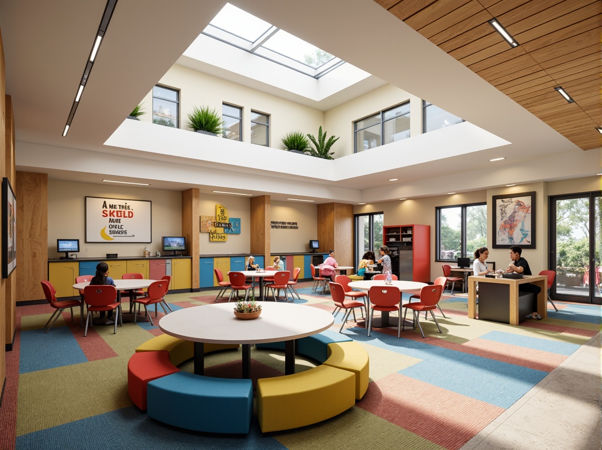 Prompt: Vibrant middle school interior, open floor plan, collaborative learning areas, circular tables, ergonomic chairs, colorful lockers, inspirational quotes, motivational posters, natural wood accents, soft carpet flooring, abundant natural light, clerestory windows, modern LED lighting, interactive whiteboards, educational technology integration, flexible seating arrangements, cozy reading nooks, circular booths, acoustic ceiling tiles, warm beige walls, energetic color scheme, playful patterns, youthful textures, shallow depth of field, 1/2 composition, realistic rendering.