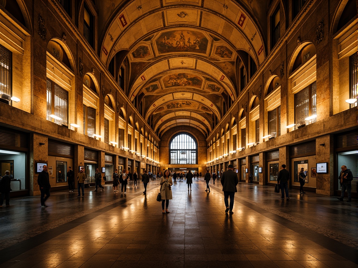 Prompt: Grand metropolitan subway station, Romanesque archways, vaulted ceilings, ornate carvings, intricate mosaics, warm golden lighting, bustling pedestrian traffic, modern urban transportation hub, sleek metal railings, glass tile walls, polished stone floors, ancient-inspired columns, symmetrical architecture, high-contrast shadows, dramatic ambient lighting, 1/2 composition, cinematic view, realistic reflections, detailed textures.