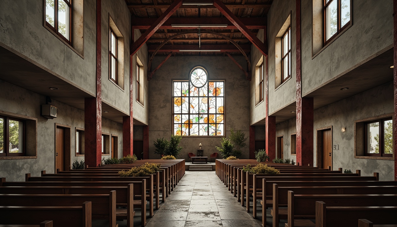 Prompt: Rugged church exterior, brutalist architecture, raw concrete walls, industrial materials, dramatic natural light, bold color palette, earthy tones, rusty red accents, weathered steel beams, minimalist decor, stark wooden pews, cold stone floors, abstract stained glass windows, moody atmospheric lighting, low-angle composition, cinematic shadows, gritty textures, ambient occlusion.