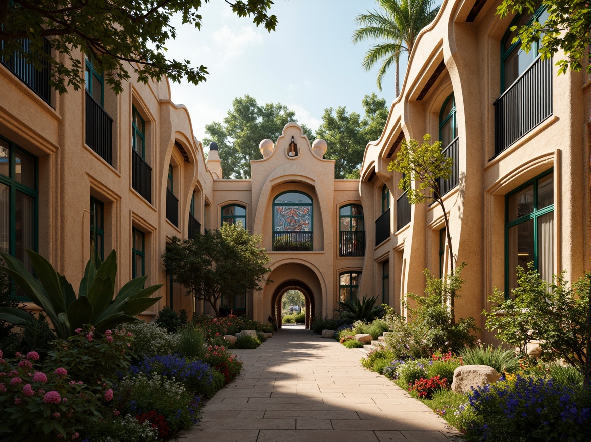 Prompt: Vibrant campus, Art Nouveau architecture, ornate stone carvings, flowing organic lines, intricate ironwork, stained glass windows, warm earthy tones, rich turquoise accents, soft golden lighting, lush greenery, blooming flowers, serene courtyard, peaceful atmosphere, shallow depth of field, 1/1 composition, realistic textures, ambient occlusion.