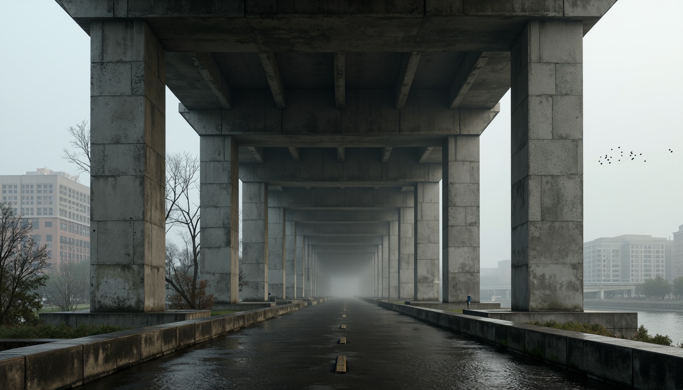 Prompt: Rugged concrete bridges, brutalist architectural style, fortress-like pillars, raw unfinished surfaces, geometric shapes, monumental scale, industrial materials, urban cityscape, misty morning atmosphere, dramatic lighting, high contrast shadows, symmetrical composition, wide-angle lens, cinematic mood, realistic textures, ambient occlusion.