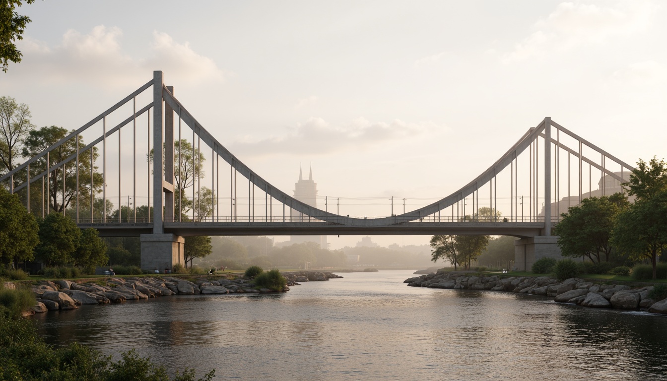 Prompt: Sleek suspension bridge, curved steel arches, sturdy pillars, riveted joints, weathered stone piers, gentle river flow, lush green banks, misty morning atmosphere, soft warm lighting, shallow depth of field, 3/4 composition, symmetrical view, realistic textures, ambient occlusion, modern infrastructure, efficient traffic flow, pedestrian walkways, cyclist paths, urban connectivity, innovative materials, durable construction, sustainable maintenance.