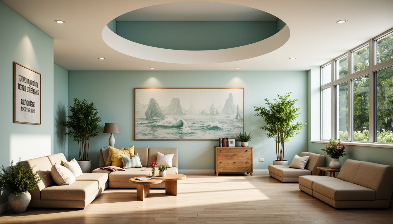 Prompt: Calming healthcare facility, soothing color scheme, pale blue walls, creamy white accents, natural wood tones, earthy brown floors, lush greenery, soft warm lighting, gentle shadows, serene ambiance, peaceful atmosphere, organic textures, minimalist decor, circular shapes, flowing curves, calming patterns, nature-inspired artwork, vibrant floral arrangements, uplifting quotes, comfortable seating areas, quiet reading nooks, refreshing water features, natural stone accents, warm beige upholstery, cozy throw blankets, inviting waiting rooms.