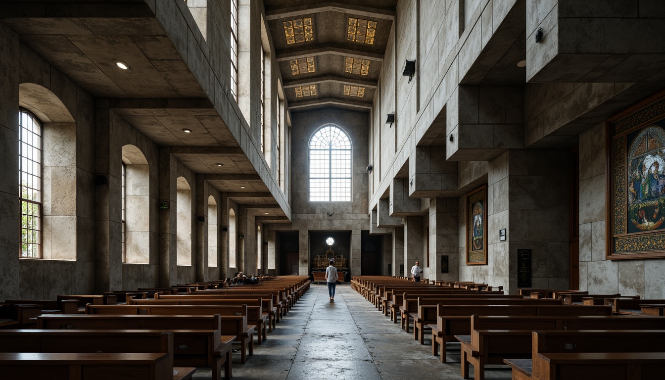 Prompt: Rugged brutalist church, exposed concrete walls, angular lines, fortress-like fa\u00e7ade, heavy stone foundations, imposing pillars, vaulted ceilings, stained glass windows, intricate mosaics, dramatic lighting, atmospheric shadows, rustic wooden pews, industrial metal accents, geometric patterns, raw textures, monumental scale, solemn atmosphere, natural light filtering, 1/2 composition, low-angle shot, cinematic mood.