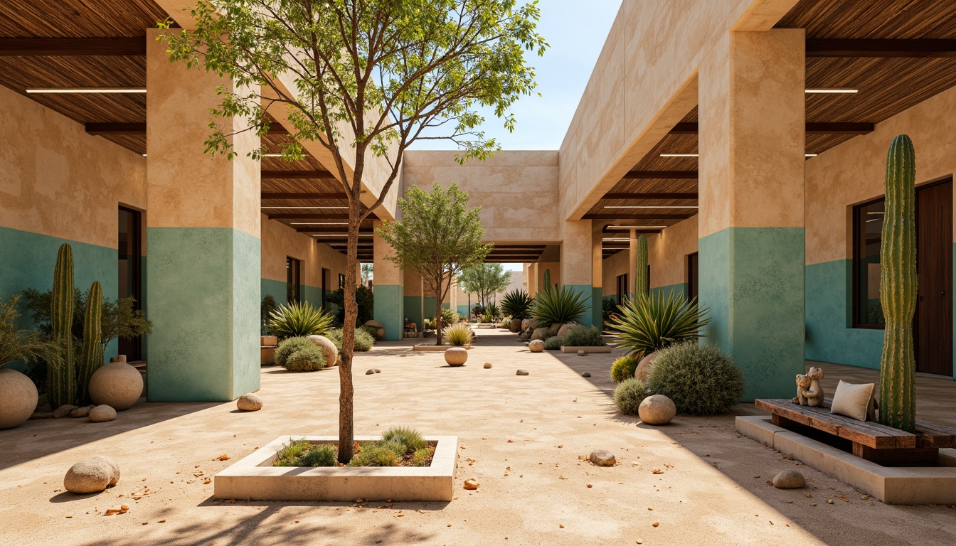 Prompt: Vibrant desert oasis, warm beige stone walls, turquoise accents, sandy dune-inspired flooring, cactus-green railings, rusted metal columns, sun-bleached wooden benches, ambient natural lighting, soft warm glow, shallow depth of field, 3/4 composition, panoramic view, realistic textures, ambient occlusion.