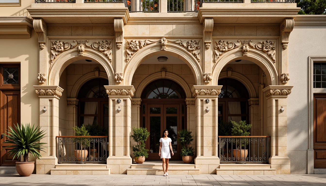 Prompt: Ornate dental clinic facade, Renaissance-style arches, intricately carved stone columns, ornamental cornices, grand entranceways, symmetrical composition, warm beige stonework, decorative pilasters, subtle keystone motifs, elegant window frames, ornate metal railings, rustic wooden doors, soft golden lighting, shallow depth of field, 2/3 composition, realistic textures, ambient occlusion.