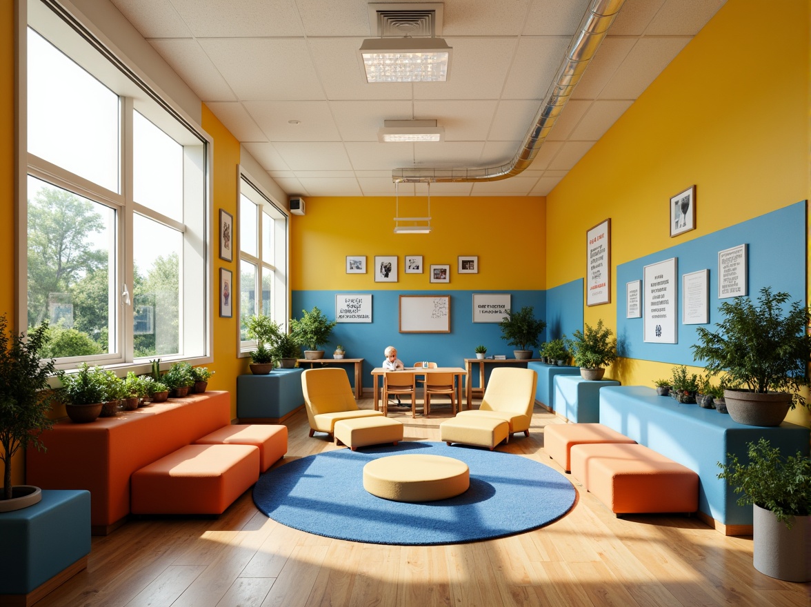 Prompt: Vibrant yellow walls, calming blue accents, stimulating orange furniture, soothing greenery, educational posters, inspiring quotes, wooden flooring, natural light pouring in, large windows, modern architecture, minimalist design, functional classrooms, collaborative learning spaces, interactive whiteboards, comfortable seating areas, cozy reading nooks, playful decorative elements, energetic atmosphere, 1/1 composition, soft warm lighting, realistic textures, ambient occlusion.