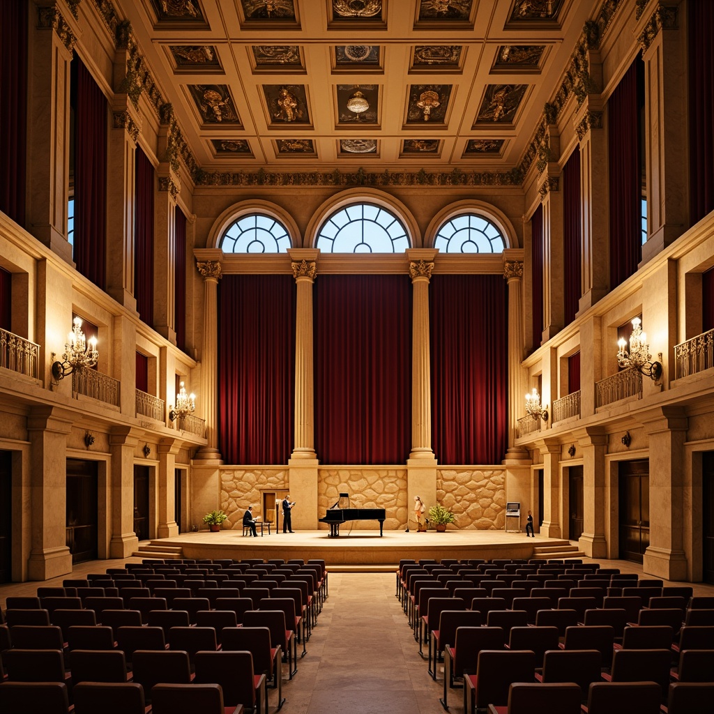 Prompt: Grand concert hall, neoclassical facade, symmetrical architecture, ornate details, ionic columns, arched windows, rusticated stone walls, acoustic panels, wooden flooring, velvet curtains, golden chandeliers, intimate seating areas, grand piano, soft warm lighting, shallow depth of field, 2/3 composition, realistic textures, ambient occlusion.