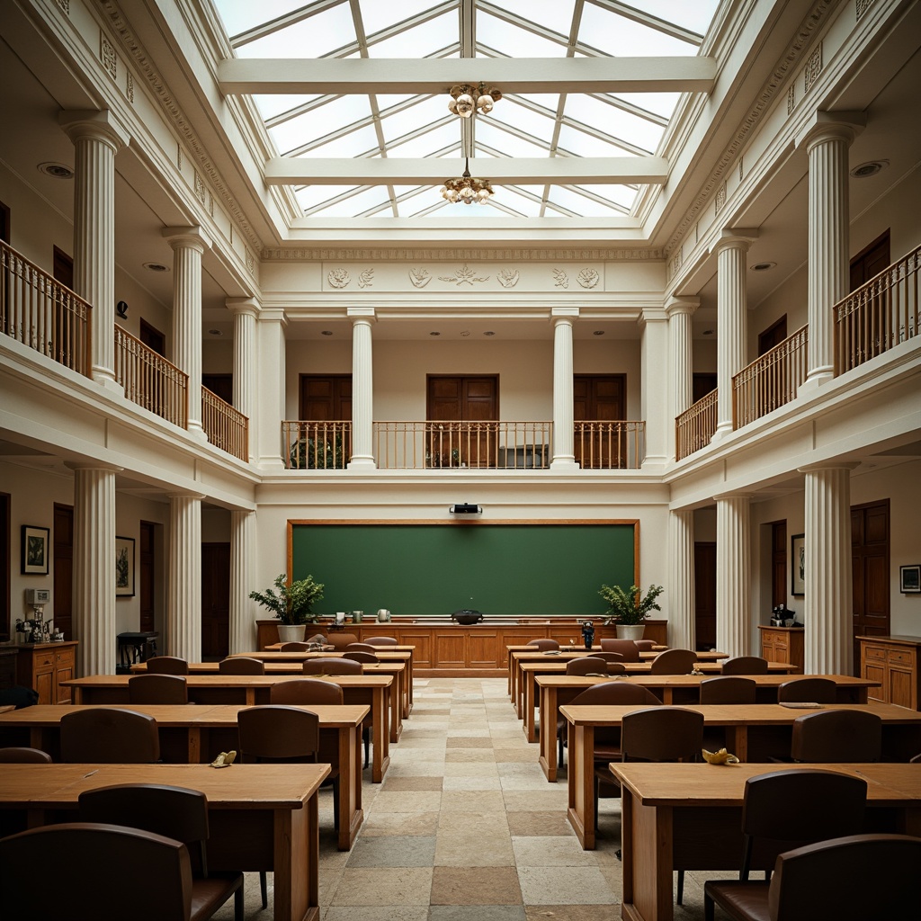 Prompt: Elegant university campus, neoclassical buildings, symmetrical facades, ornate details, columned porticos, grand staircases, spacious lecture halls, wooden desks, green chalkboards, natural stone floors, subtle warm lighting, shallow depth of field, 1/2 composition, realistic textures, ambient occlusion.