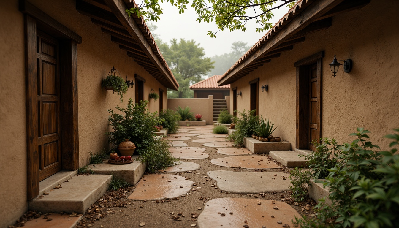 Prompt: Earthy mud walls, organic textures, natural imperfections, rustic stone foundations, wooden accents, earthy color palette, rough-hewn wooden beams, clay roofing tiles, lush greenery, overgrown vegetation, misty atmosphere, soft warm lighting, shallow depth of field, 1/1 composition, realistic textures, ambient occlusion.