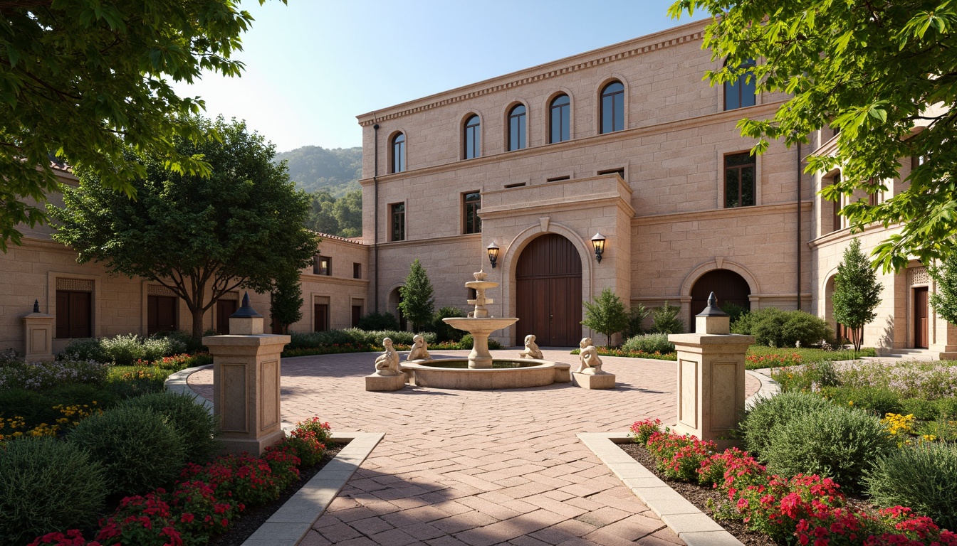 Prompt: Ancient museum facade, Romanesque arches, grand entrance gates, lush greenery, vibrant flower beds, walking paths, ornate fountains, stone statues, historic lanterns, rustic brick paving, natural rock formations, Mediterranean trees, sunny afternoon, soft warm lighting, shallow depth of field, 3/4 composition, panoramic view, realistic textures, ambient occlusion.