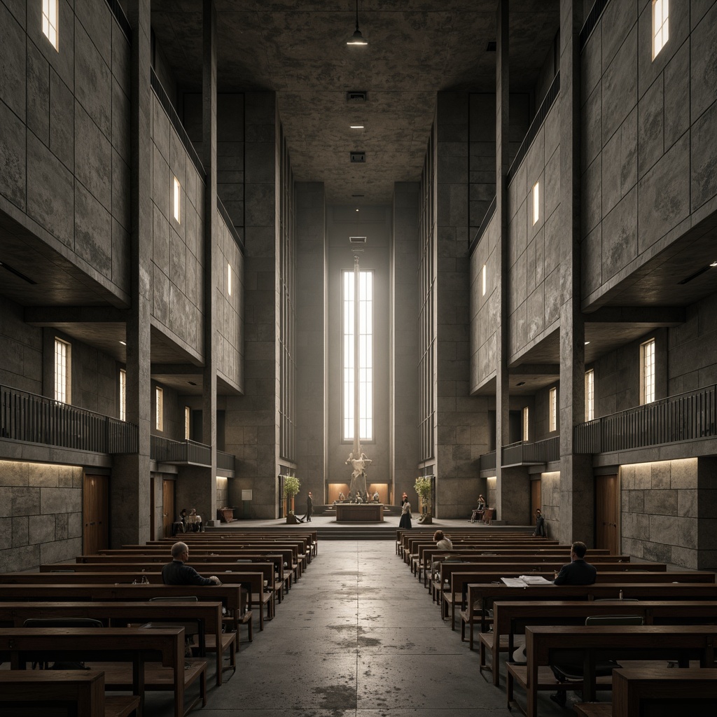 Prompt: Rugged brutalist church, raw concrete walls, industrial-style steel beams, dramatic natural light, muted earthy tones, weathered stone fa\u00e7ade, bold geometric shapes, minimalist d\u00e9cor, stark white accents, rich wood textures, dimly lit nave, atmospheric foggy mist, cinematic low-angle shots, 1/1 composition, moody warm lighting, realistic renderings, subtle ambient occlusion.