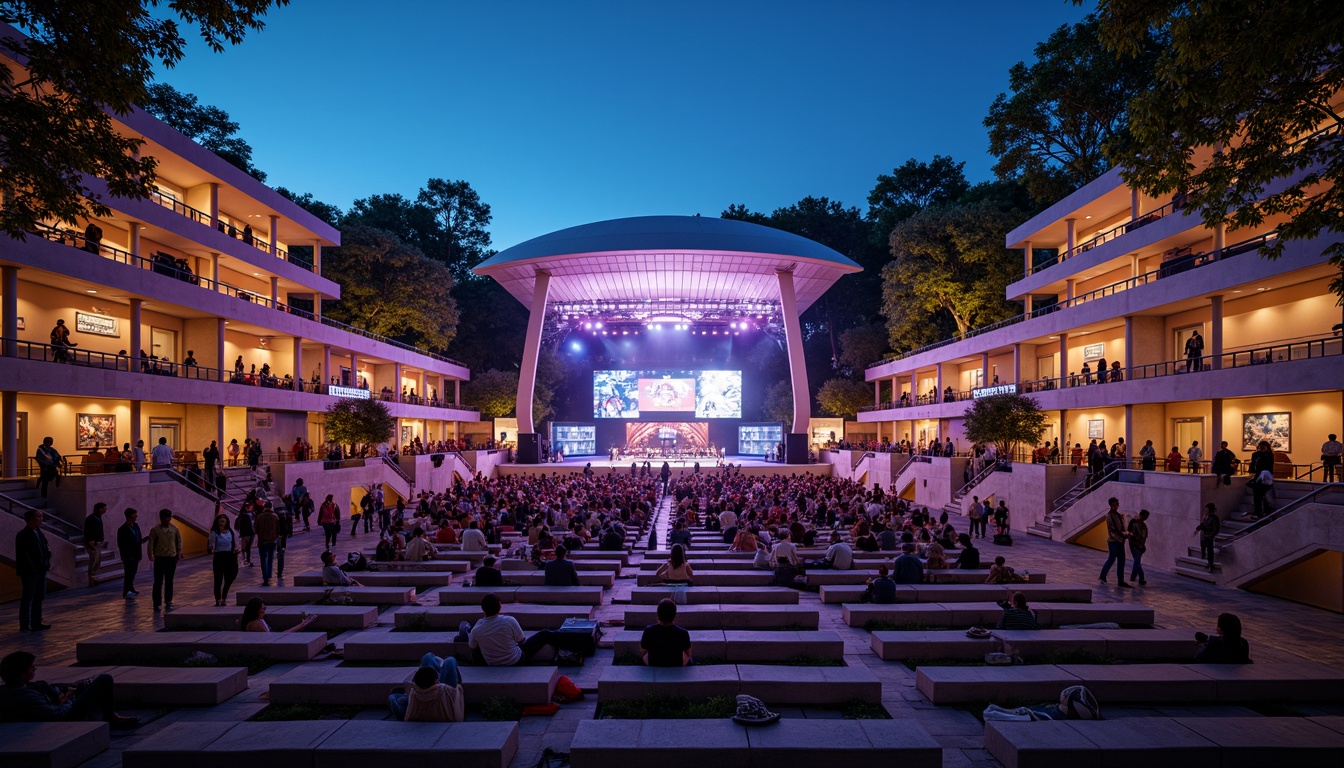 Prompt: Modern amphitheater, tiered seating, curved rows, comfortable cushions, vibrant color schemes, futuristic architecture, sleek metal frames, cantilevered structures, atmospheric lighting, dramatic spotlights, 3/4 composition, shallow depth of field, panoramic view, realistic textures, ambient occlusion, bustling crowd, excited spectators, live event atmosphere.