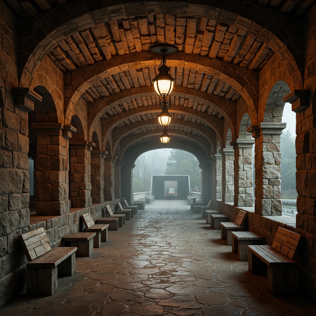 Prompt: Rustic metro station, rugged stone walls, arched brick ceilings, ornate columns, grand vaulted entrances, distressed wooden benches, vintage metal lanterns, earthy color palette, natural stonework, rough-hewn textures, dramatic lighting effects, atmospheric fog, high-contrast shadows, 1/2 composition, symmetrical framing, realistic materials, ambient occlusion.