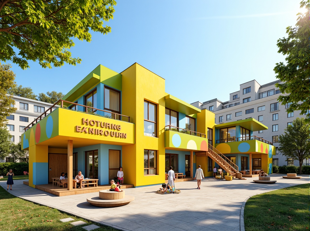 Prompt: Vibrant kindergarten building, playful color palette, bright yellow walls, soft blue accents, green roofs, colorful murals, whimsical patterns, natural light-filled classrooms, wooden furniture, rounded corners, safe playground equipment, climbing structures, educational signage, urban cityscape backdrop, modern architecture, geometric shapes, bold typography, sunny day, warm lighting, shallow depth of field, 3/4 composition, panoramic view, realistic textures, ambient occlusion.