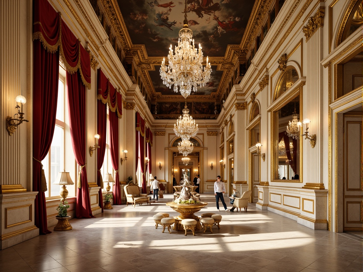 Prompt: Ornate Baroque palace, rich gold accents, warm beige stone walls, grandiose marble columns, lavish crimson velvet drapes, intricate fresco ceiling, ornamental gilded mirrors, luxurious crystal chandeliers, soft creamy lighting, shallow depth of field, 1/1 composition, symmetrical view, highly detailed textures, ambient occlusion.