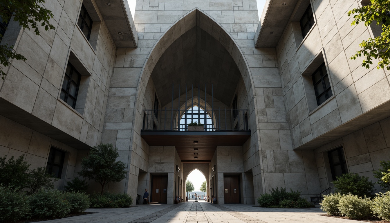 Prompt: Rugged brutalist church, imposing concrete fa\u00e7ade, fortress-like structure, angular lines, raw unfinished textures, monumental entrance, heavy metal doors, minimalist windows, dramatic natural light, atmospheric shadows, grand open interior, vaulted ceilings, chunky columns, robust arches, ornate detailing, weathered stone walls, distressed wood accents, industrial-style lighting fixtures, eerie ambient sounds, cinematic low-angle shots, shallow depth of field, 1/2 composition, symmetrical framing.