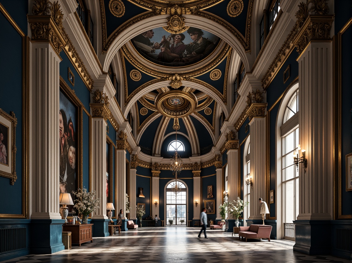 Prompt: Majestic palace, grandiose columns, ornate details, Prussian blue domes, golden accents, lavish furnishings, intricate mosaics, regal atmosphere, dramatic lighting, soft focus, shallow depth of field, 1/2 composition, symmetrical framing, ornate textures, high contrast, cinematic mood, mysterious ambiance.