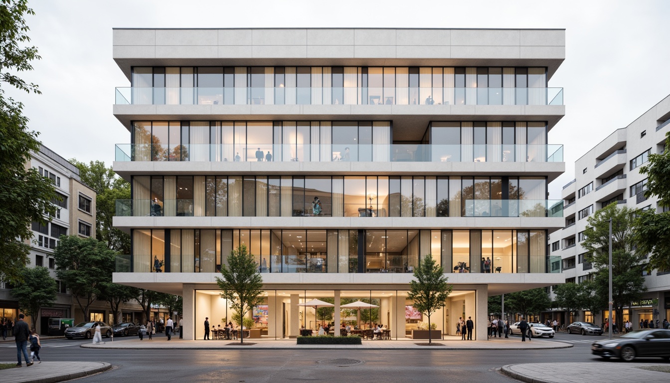 Prompt: Modernist building facade, sleek glass surfaces, minimalist ornamentation, monochromatic color scheme, neutral tones, creamy whites, warm beiges, soft grays, taupe accents, subtle texture contrasts, industrial materials, polished metals, natural stone cladding, urban cityscape, busy streets, cosmopolitan atmosphere, overcast sky, diffused lighting, 1/1 composition, symmetrical framing, high contrast ratio, realistic reflections.