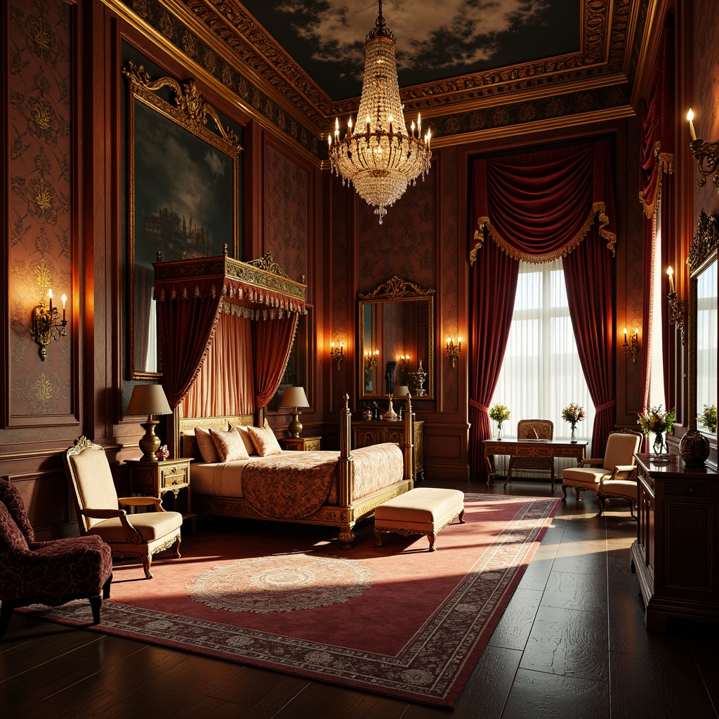 Prompt: Ornate palace interior, velvet drapes, gilded mirrors, intricately carved wooden furniture, ornamental vases, crystal chandeliers, luxurious fabrics, richly patterned rugs, majestic four-poster beds, regal throne-like chairs, antique tapestries, golden accents, soft warm candlelight, dramatic shadows, highly detailed textures, realistic reflections, 1/1 composition, cinematic lighting.