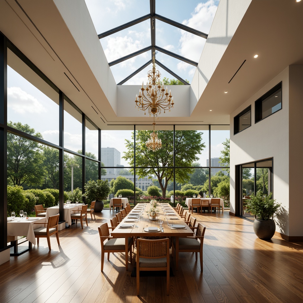 Prompt: Airy dining hall, high ceilings, large windows, sliding glass doors, transparent roofs, minimalist decor, light-colored walls, polished wooden floors, elegant chandeliers, greenery views, lush trees, sunny day, soft warm lighting, shallow depth of field, 1/2 composition, symmetrical balance, realistic textures, ambient occlusion.