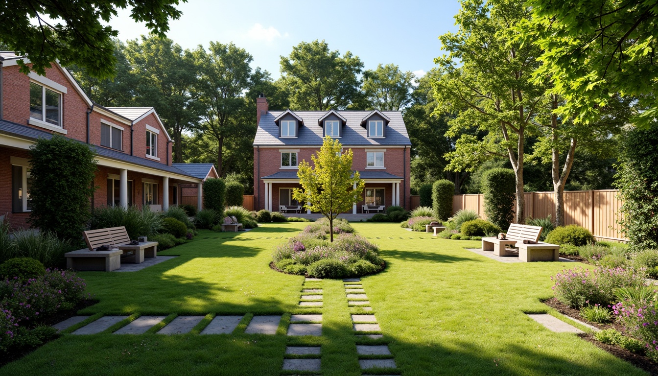 Prompt: Manicured lawn, ornate garden benches, blooming flowerbeds, meandering stone pathways, symmetrical tree arrangements, classical columned porches, traditional brick fa\u00e7ades, pitched roofs, dormer windows, rustic wooden fences, lush greenery, warm sunny day, soft natural lighting, shallow depth of field, 3/4 composition, serene atmosphere, realistic textures, ambient occlusion.