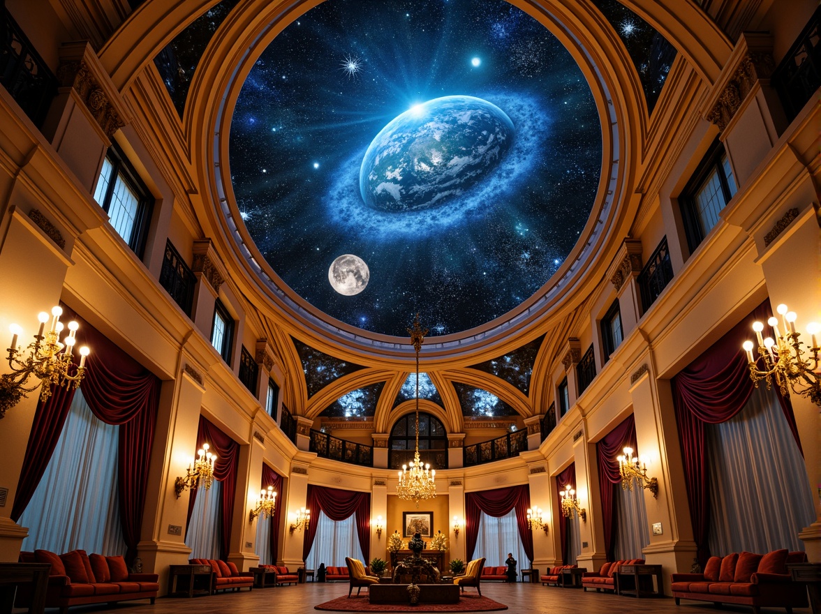 Prompt: Ornate planetarium, celestial bodies, twinkling stars, majestic chandeliers, golden lighting fixtures, intricate moldings, grandiose arches, lavish furnishings, velvet drapes, ornamental frescoes, crystal glassware, luxurious textiles, warm candlelight, softbox lighting, 1/2 composition, symmetrical framing, dramatic shadows, high-contrast illumination, Baroque-inspired patterns, rich colors, opulent decorations.