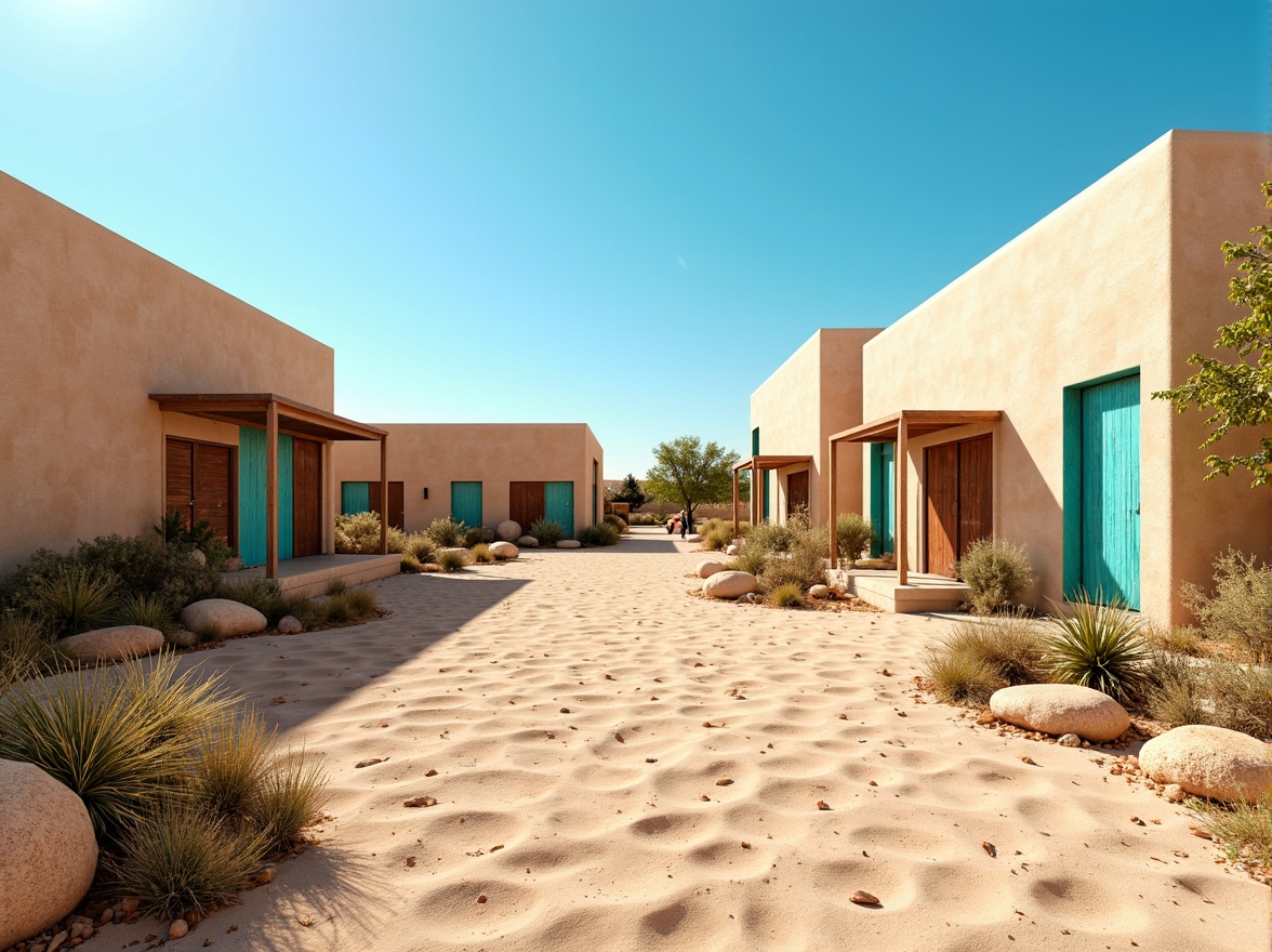 Prompt: Arid desert landscape, sandy dunes, cactus plants, hot sunny day, clear blue sky, vast open space, modern desert architecture, earthy tone buildings, sandy beige walls, rusty metal accents, weathered wood textures, vibrant turquoise accents, soft warm lighting, shallow depth of field, 3/4 composition, panoramic view, realistic textures, ambient occlusion.