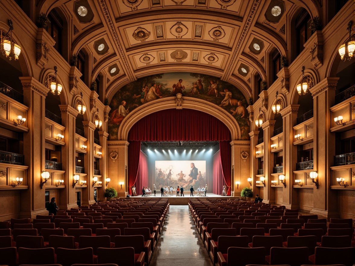 Prompt: Grand auditorium, Romanesque arches, ornate stone carvings, vaulted ceilings, elegant chandeliers, luxurious velvet curtains, majestic stage designs, intricate fresco paintings, warm golden lighting, rich wood tones, polished marble floors, ornamental ironwork, dramatic spotlights, 3/4 composition, symmetrical layout, atmospheric misting, subtle ambient sounds.