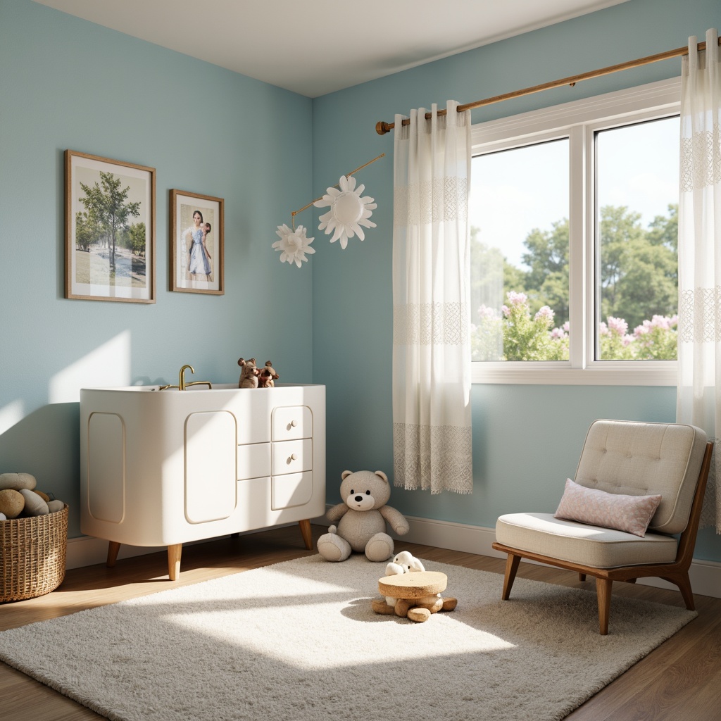 Prompt: Soft baby blue walls, creamy white trim, gentle rounded curves, plush nursery furniture, delicate lace curtains, pastel-colored toys, warm beige carpeting, natural wood accents, cozy reading nooks, calming ambiance, softbox lighting, shallow depth of field, 1/1 composition, intimate scale, playful textures, whimsical patterns, cheerful atmosphere, serene outdoor scenery, blooming flowers, sunny day, gentle breeze.