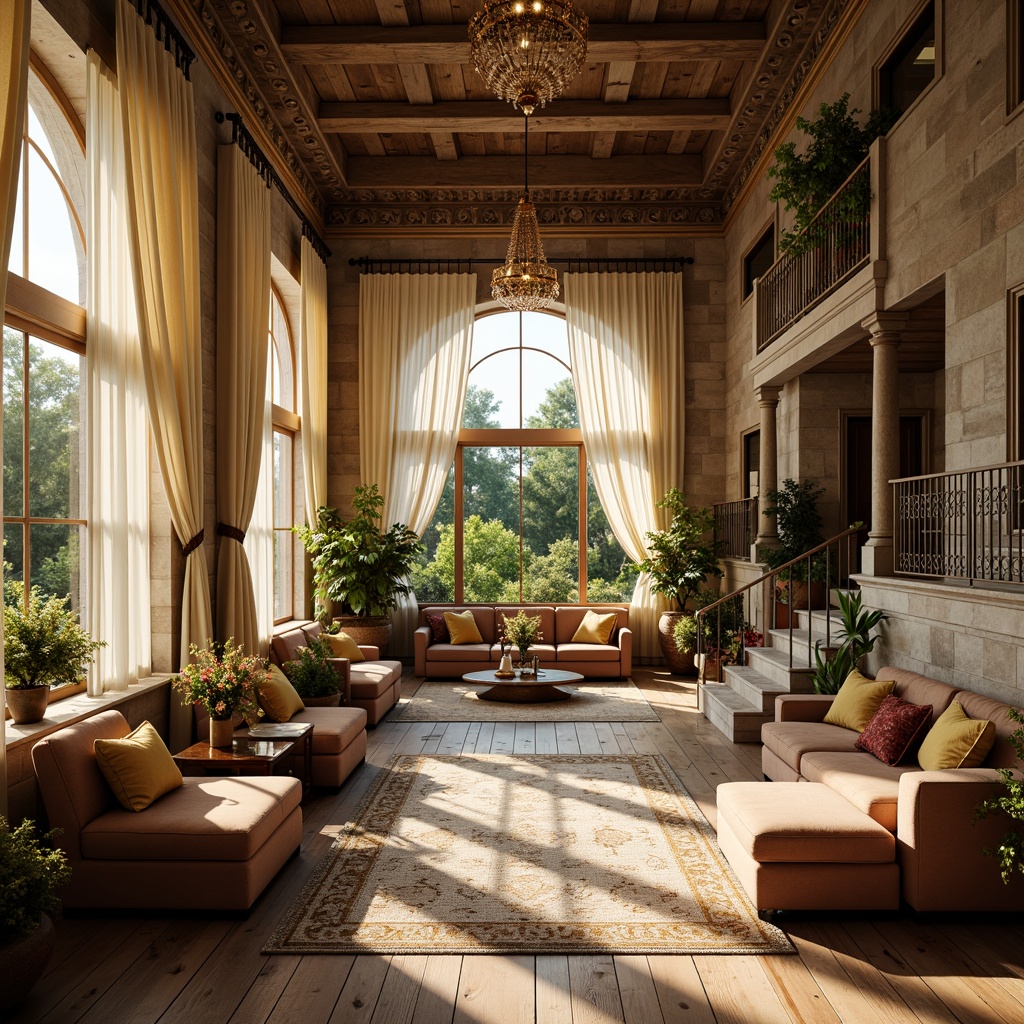 Prompt: Whimsical European-style villa, soft warm daylight, lavish drapery, ornate furnishings, velvety upholstery, golden accents, crystal chandeliers, grand staircases, intricate moldings, distressed wood floors, rustic stone walls, lush greenery, blooming flowers, serene ambiance, gentle shadows, high ceilings, large windows, sheer curtains, morning light, warm color palette, soft focus, shallow depth of field, 1/1 composition, natural textures, ambient occlusion.