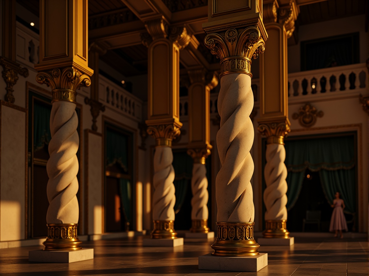 Prompt: Ornate column, twisted flutes, gilded capitals, lavish carvings, marble materials, intricate moldings, curved silhouettes, dramatic shadows, warm golden lighting, high-contrast textures, ornamental details, luxurious fabrics, velvet drapes, regal atmosphere, 1/1 composition, low-angle shot, cinematic mood.