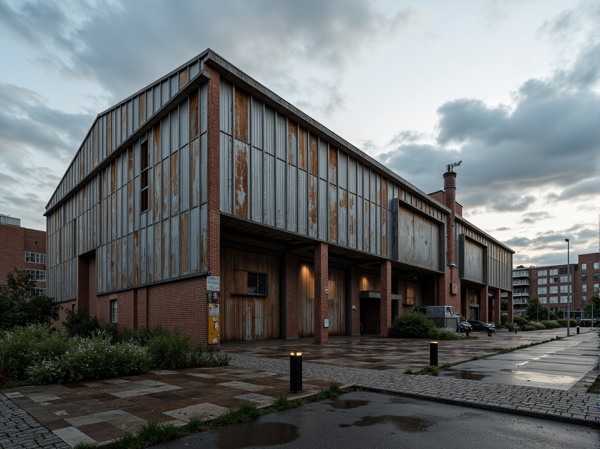 Prompt: Rustic industrial building, galvanized steel exterior, fire brick accents, distressed textures, urban landscape, cloudy sky, dramatic lighting, shallow depth of field, 1/1 composition, realistic reflections, ambient occlusion, rough stone pathways, metal doors, minimalist design, functional architecture, brutalist style, abandoned factory setting, post-apocalyptic atmosphere.