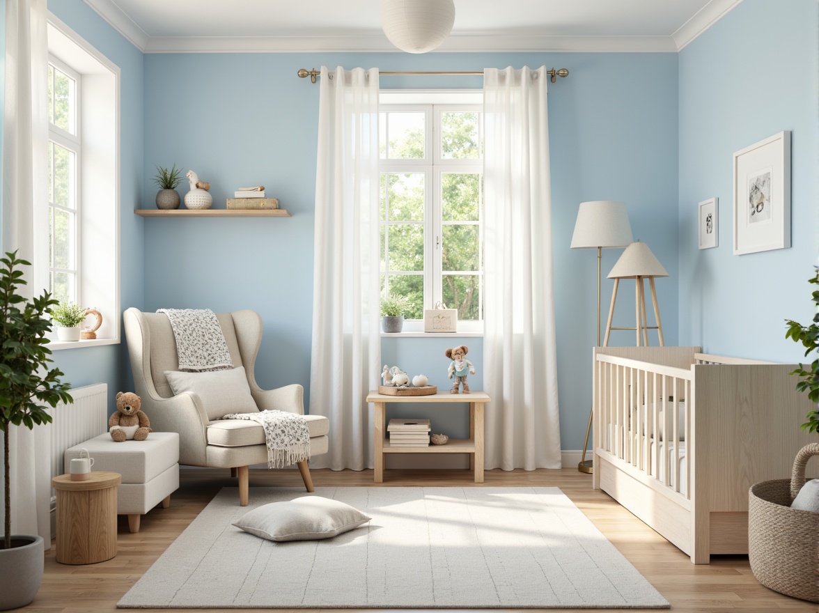 Prompt: Soft baby blue nursery, calming atmosphere, gentle color scheme, creamy whites, pale wood tones, plush toys, rounded edges, softbox lighting, warm beige furniture, subtle textures, natural fabrics, cozy reading nook, comfortable seating area, minimalist decor, soothing ambiance, shallow depth of field, 1/1 composition, realistic rendering, ambient occlusion.