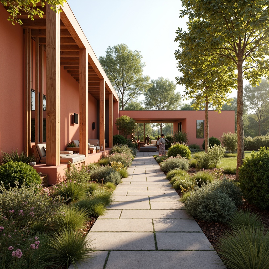 Prompt: Vibrant apricot hues, soft peach tones, warm beige accents, lush greenery, blooming flowers, rustic wooden textures, natural stone pathways, modern minimalist architecture, large windows, sliding glass doors, sunny day, soft warm lighting, shallow depth of field, 3/4 composition, panoramic view, realistic textures, ambient occlusion.