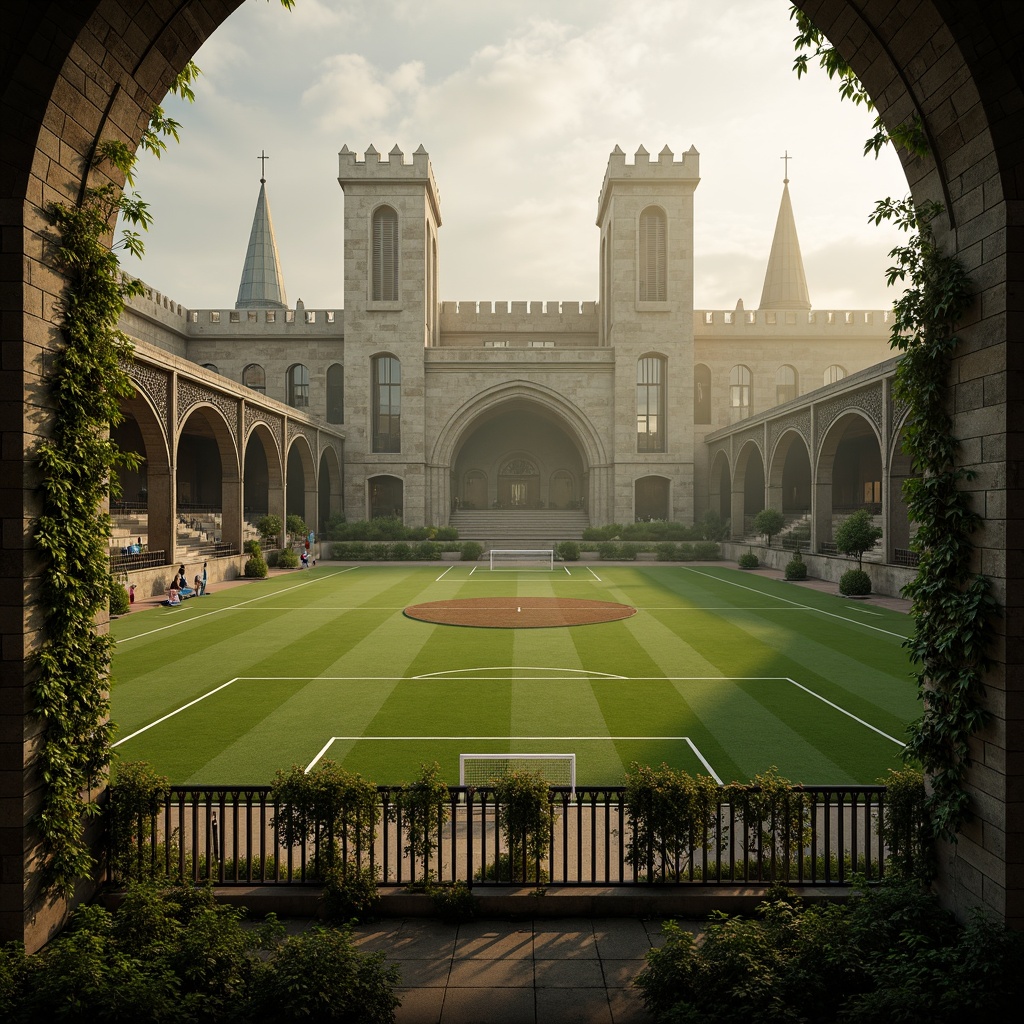 Prompt: Majestic gothic arches, mystical stone walls, sprawling green lawns, soccer fields, rugby pitches, tennis courts, athletic tracks, medieval-inspired towers, grandstands with ornate facades, intricate iron fences, vine-covered gazebos, misty morning atmosphere, warm golden lighting, dramatic shadows, 1/2 composition, symmetrical framing, rich textures, atmospheric fog.Let me know if this meets your requirements!