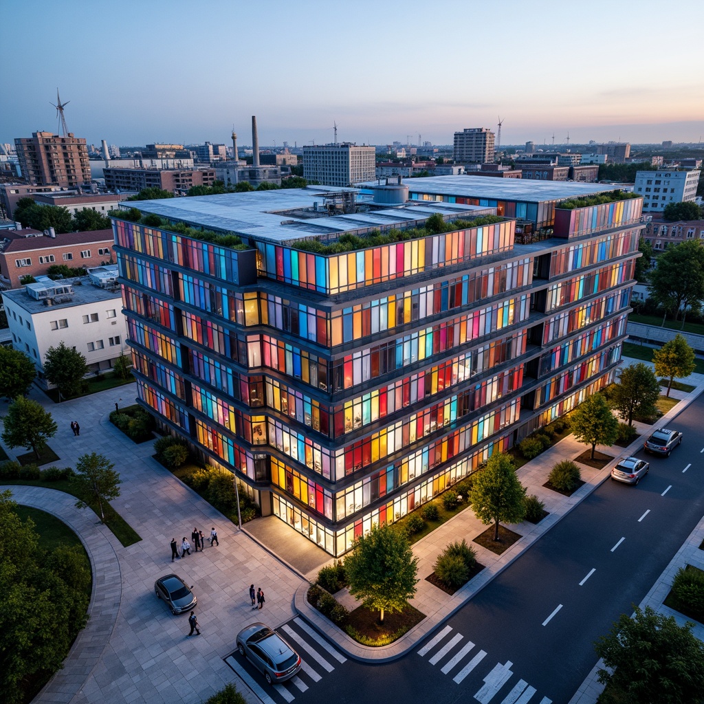 Prompt: Vibrant distribution center, social housing complex, modern innovative facades, bold geometric patterns, colorful LED lights, transparent glass walls, steel beams, exposed ductwork, industrial chic aesthetic, urban landscape, bustling streets, cityscape views, natural stone paving, green roofs, solar panels, wind turbines, eco-friendly materials, sustainable energy solutions, minimalist design, functional layout, airy interior spaces, soft warm lighting, shallow depth of field, 3/4 composition, panoramic view, realistic textures, ambient occlusion.