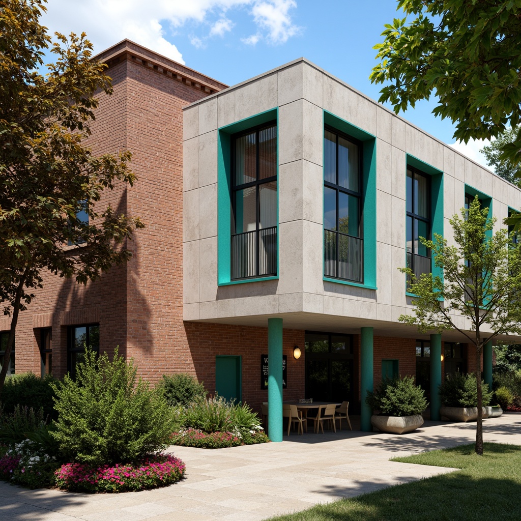 Prompt: Rustic brick facade, ornate concrete details, angular constructivist geometry, vibrant turquoise accents, industrial metal frames, large windows with divided latticework, decorative ceramic tiles, educational signage, lush greenery, blooming flowers, shaded outdoor spaces, warm sunny day, soft natural lighting, shallow depth of field, 3/4 composition, realistic textures, ambient occlusion.