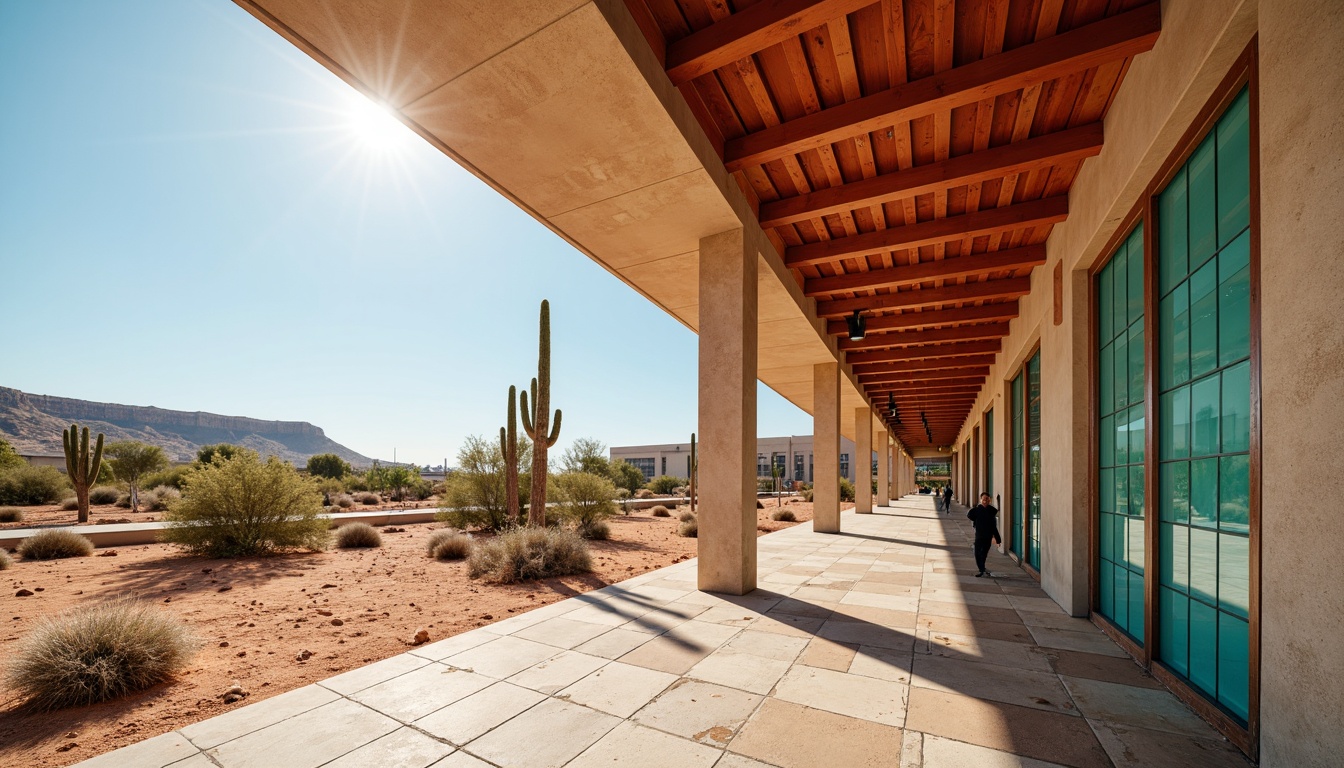 Prompt: Vibrant desert landscape, sandy dunes, cactus plants, warm sunny day, clear blue sky, urban metro station, modern architecture, earthy tone color palette, terracotta red accents, sandy beige walls, turquoise glass tiles, weathered steel beams, natural stone flooring, LED lighting with warm glow, shallow depth of field, 3/4 composition, panoramic view, realistic textures, ambient occlusion.