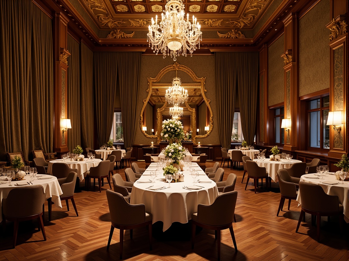 Prompt: Luxurious dining hall, rich wood flooring, ornate chandeliers, elegant tablescape, velvet drapes, golden accents, sophisticated wallpaper, refined ceramics, crystal glassware, plush upholstery, warm ambient lighting, soft shadows, 1/2 composition, shallow depth of field, realistic reflections, intricate moldings, classic European-inspired design.